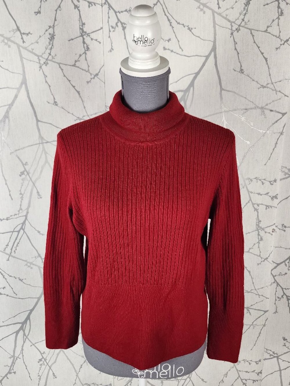 Halston Red 100% Merino Wool Ribbed Knit Turtleneck Sweater